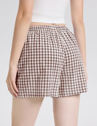 Image of LOMON Boxer Shorts for Women Summer Gingham Pajamas 2026 Lounge Sleep Pj Plaid Shorts Y2K Beach Bottoms with Pockets