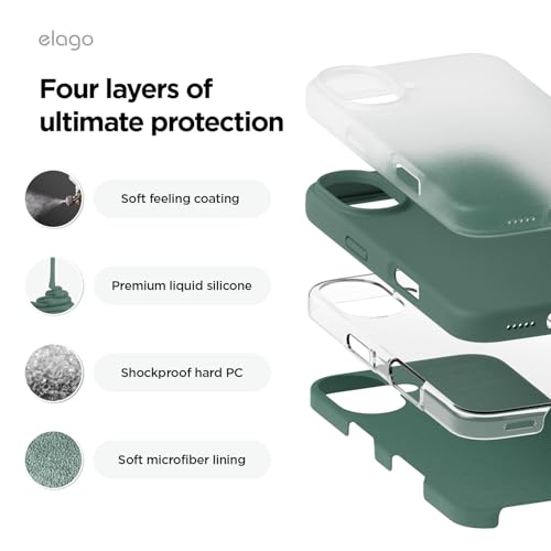 Image of elago Compatible with iPhone 16 Case, Premium Liquid Silicone Case, Full Body Protective Cover, Shockproof, Slim Phone Case, Anti-Scratch Soft Microfiber Lining, 6.1 inch (Midnight Green)