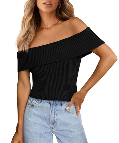PRETTYGARDEN Women's 2025 Summer Off Shoulder Sweater Tops Ribbed Knit Short Sleeve Trendy Going Out Date Night Blouse