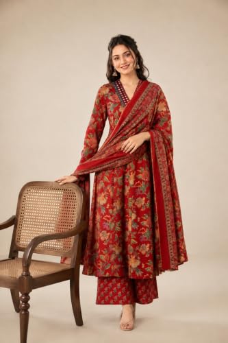 Image of Women's Rayon Printed Anarkali Kurta and Pant with Dupatta Set