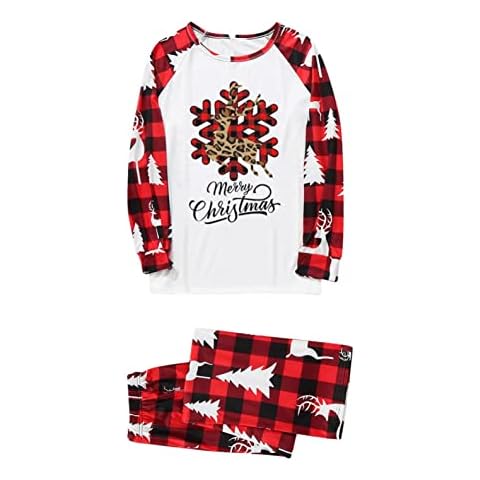 Christmas Family Matching Pyjamas Snowflake Merry Christmas Printed Plaid Long Sleeve O-Neck Tops Elk Plaid Printed Long Pants with Elastic Waist Autumn Winter Lightweight Leisure Sleepwear Sets Cover