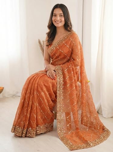 Image of ORHANS Women's Chiffon Saree with Unstitched Blouse Piece Heavy Embroidery Work | Beautiful Saree for Women | Traditional Indian Sari Stylish | Fashionable Saree Modern Design