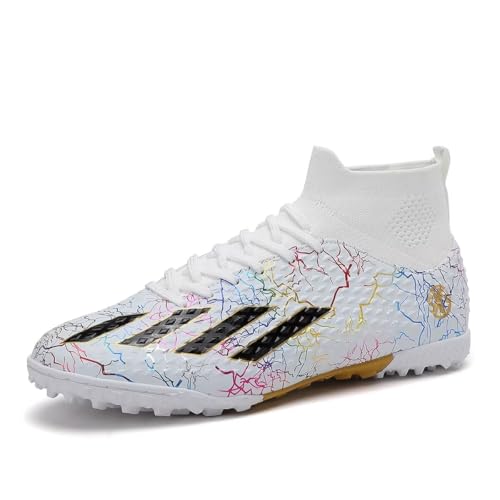 SKY WING Men and Women Soccer Shoes Adults IC or IN Flat Soccer Cleats Elastic High-collar Knit Design Lightweight Training Football Shoes White 42 EU