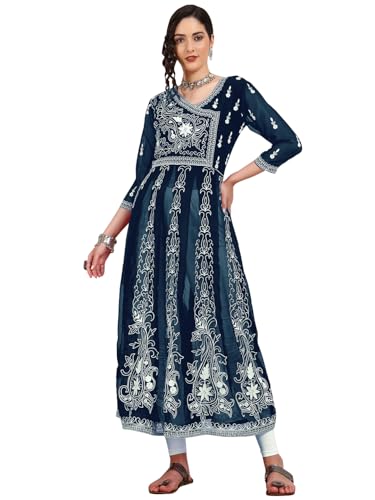 Image of EthnicJunction Women's Georgette Regular Fit Anarkali Embroidered Chikankari Work Angrakha Kurta