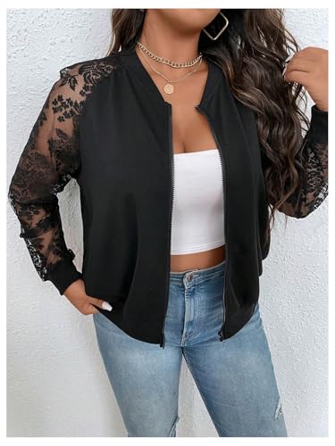 WDIRARA Women's Plus Size Lace Zip Up Bomber Jacket Mesh Long Sleeve Outerwear4