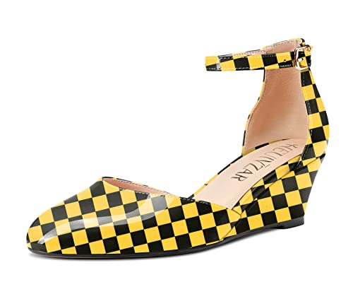 HEUIVZAR Women Wedge Pumps Round Toe Two-Piece Mid Heel Ankle Strap Dress Shoes Classic Office Patent Yellow Plaid 2 Inch 7 US