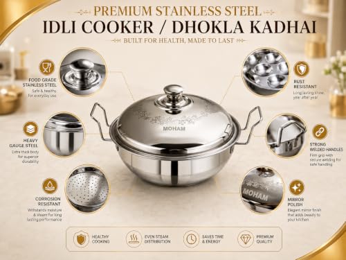 Image of MOHAM Stainless Steel Idli Maker, Dhokla & Momo Steamer Pot with 2 Idli Plates (14 Idlis), 2 Khaman /Dhokla Plates, 1 Patra Plate, 1 Mini Idli Plate | Multipurpose Steam Cooker with Lid | Heavy Gauge Food Grade Steel | Mirror Finish | Gas & Induction Compatible