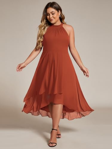Image of Ever-Pretty Plus Women's Sleeveless Halter A Line Pleated High Low Plus Size Wedding Guest Cocktail Dresses 31926-DA