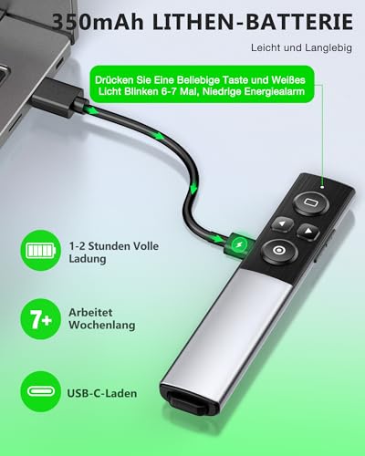 USB C Presenter, 2 in 1 USB und Typ-C-Empfänger Pointer für Präsentationen Wiederaufladbare mit Lautstärke Erhöhen Verringern und Hyperlink 2.4 GHz Wireless Powerpoint Presenter für Windows/PPT