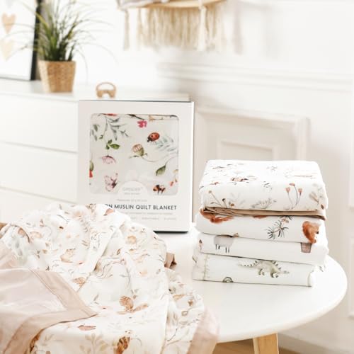 Image of GRSSDER Cotton Muslin Quilt Blanket - Silky Soft and Breathable Baby Blanket Quilt, Oversized Muslin Blankets for Newborns, Toddlers & Kids, 6 Layers Reversible Design for All Seasons, 40 inch x 50 inch