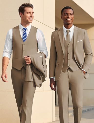 Image of WULFUL Men's Slim Fit Suit One Button 3-Piece Blazer Dress Business Wedding Party Jacket Vest & Pant