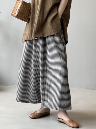 Minibee Women's Linen Palazzo Pants Casual Wide Leg Gingham Pant Boho Plaid Loose Trousers with Pockets4