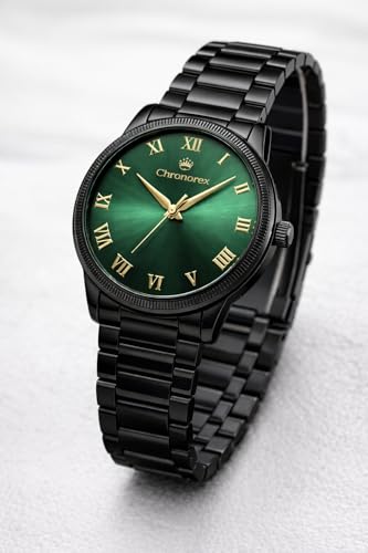 Image of Astrologer-Recommended Luxury Green Roman Dial, Black Chain Watch for Men - Green Dial, Roman Numerals,Black Chain Vastu-Friendly, Stainless Steel, Chronograph, Waterproof, Elegant Design