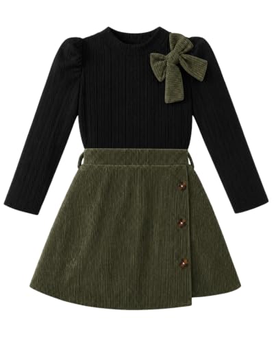 Image of Toddler Girls' Dresses 2 Piece Skirt Set 1-6T, 2026 Fall Winter Fashion Elegant Bow Top & Knit Skirt Outfits Kids Dress for Casual Party, Army Green 5-6T