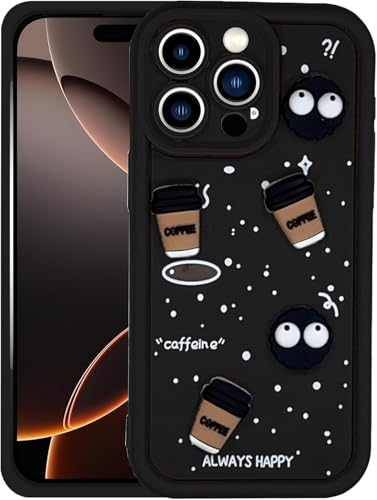 Image of GoldKart Back Case Cover Compatible for iPhone 16 Pro Max | Cute Fun Cartoon 3D Ball Coffee Silicone Case | Full Body Protection Back Cover for iPhone 16 Pro Max - Black