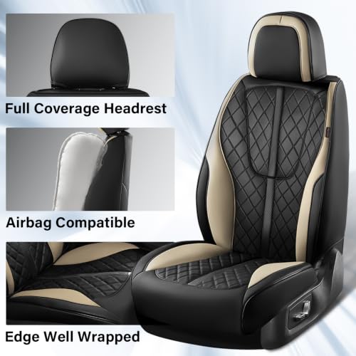 Image of Coverado Seat Covers Front Seat, 2-Pack Luxury Diamond Leather Car Seat Cover & Carbon Fiber, Waterproof Car Seat Protectors, Black and Beige Seat Cover, Driver Seat Cover Universal Fit for Most Cars