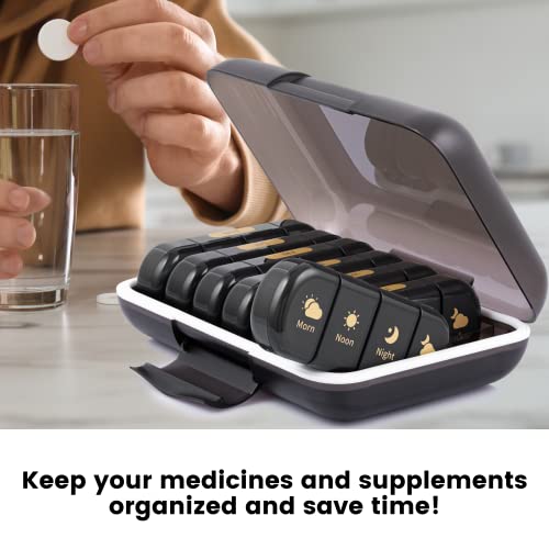 Image of Premium weekly pill organizer 4 times a day, Medicine organizer box| Medicine box, portable travel pill box weekly with large compartments moisture-proof pill case for vitamin, Medicine, pills, supplements (Black-4 Compartment)