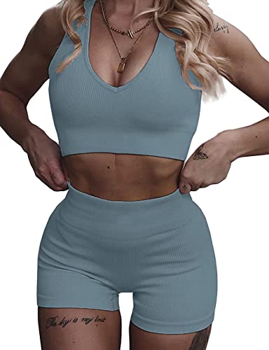 Micoson Womens Workout Outfits For Women 2 Piece Seamless Ribbed High Waist Leggings With Sports Bra Exercise Set Blue Small #TOP3