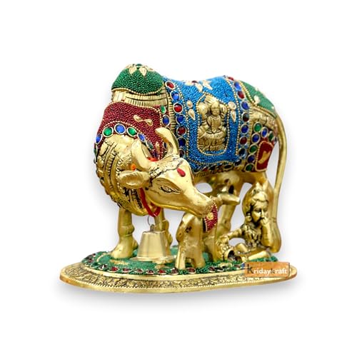 Image of KridayKraft Gold Plated Kamdhenu Cow with Calf Metal Statue for Good Luck Feng Shui & Vastu Showpiece As Table Top Religious Idol Gau MATA, 20 cm, 13 cm