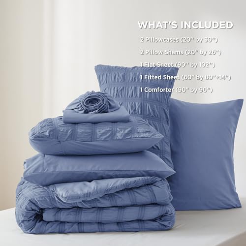 Bedsure Bed in a Bag Queen - 7 Pieces Plaid Seersucker Bedding Comforter Sets, Soft Lightweight Mineral Blue Boho Bed Set with Comforters Queen Size, Sheets, Pillowcases & Shams