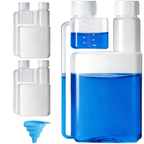 GZRXIOUS Lot de 3 flacons doseurs à double col, 1 flacon doseur de 1 litre avec chambre de dosage de 100 ml, 2 flacons de 100 ml avec chambre de dosage de 5...
