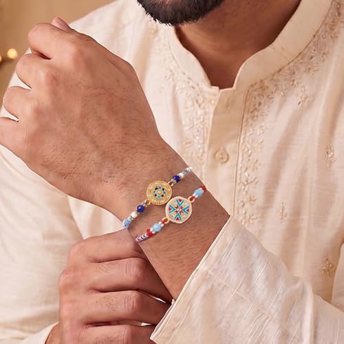 Image of Peora Rakhshabandhan Thread Rakhi for Brother Bhaiya | Kundan Beads & Crystal Studded | Combo Set of 2 | Rakhi Hamper Roli Chawal & Greeting Card