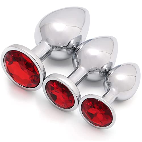 3-Pieces Expanding Butt Trainer Set Stainless Steel Amal Toy Pleasure Plug Tools Colorful Crystal Jewelry Sunglasses Party, Red