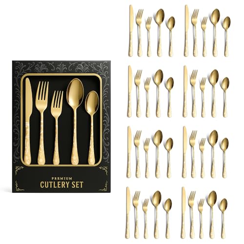 Image of aDai Premium 40 Piece Stainless Steel Cutlery Set | Floral Handle | Includes Spoon Fork Knife Teaspoon | Perfect for Corporate Gifting (Gold)