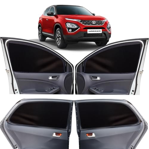 Image of OTO2EYE Car Sun Shade Compatible for Tata Harrier Model 2019 to 2023, Z-Black Super Magnetic Grip, Front Window Zipper, Side Window Curtains, 4 Pieces Set