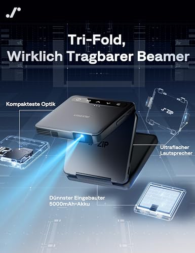 Aurzen Zip Tri-Fold Mini Beamer mit Akku, 4K Unterstützt Smart Beamer Klein Tragbarer Projektor Outdoor Heimkino Autofokus & Trapezkorrektur Portable Projector Bluetooth 5.4 für Handy/HDMI/USB (grau)