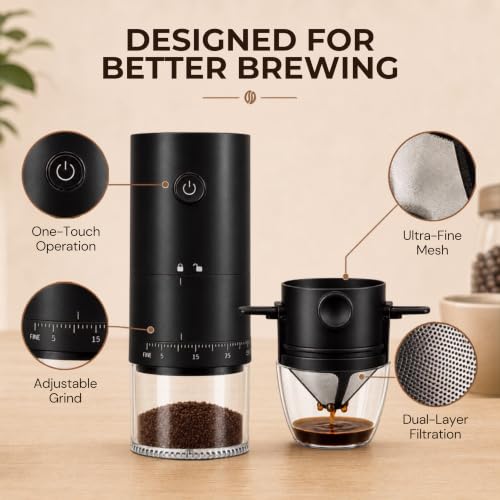 Image of Ash & Roh Electric Coffee Grinder & Pour Over Brewer Set - Compact Adjustable Burr Grinder with Reusable Filter, One‑Touch Drip Coffee Maker for Home Use