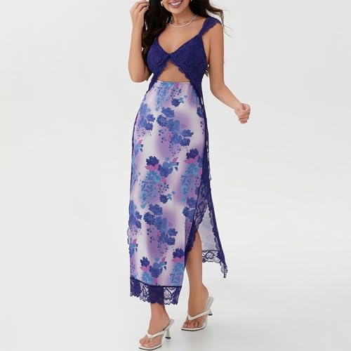 Image of Women Sexy Lace Patchwork Mesh Dress Floral Print Cutout Sweetheart Neck Backless Slit Summer Maxi Dress