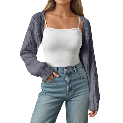 Suéter Corto Tipo cárdigan para Mujer Chaqueta de Punto Casual versátil para otoño e Invierno Prenda Exterior Diaria con diseño de Cuello en V y Mangas largas (Grey, L)