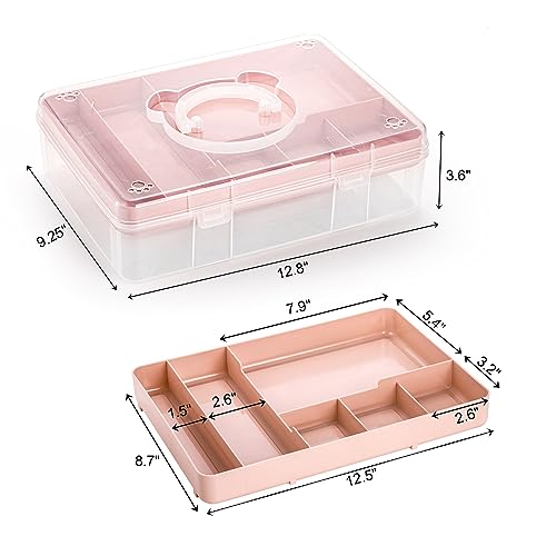 Image of Tosnail 12.8 inch x 9 inch Large 2 Tiers Plastic Craft Organizer Box Storage Container with Removable Tray, First Aid Carrying Case for Home, Office Supplies, Stationery, Sewing, Painting, Arts (Pink)