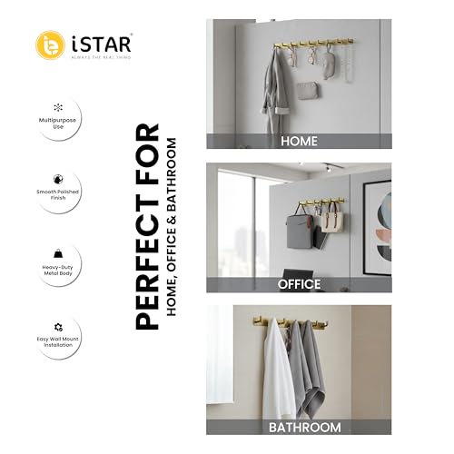Image of iSTAR Stainless Steel 8 Pin Bathroom Cloth Hooks Hanger Door Bathroom Robe Hooks Rail for Hanging Keys,Clothes,Towel Steel Hook (Antique) (Pack of 1)