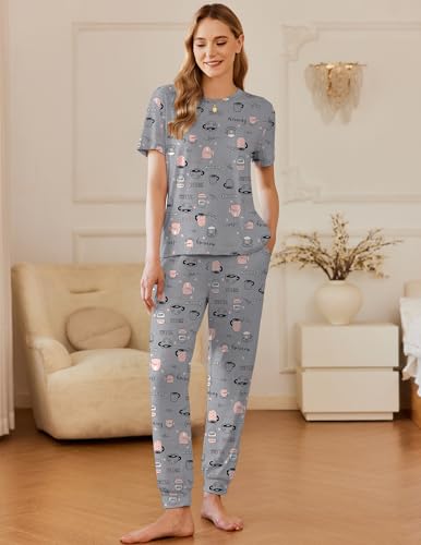 Image of Ekouaer Pajamas for Women Set 2 Pack Lounge Set Short Sleeve Pjs Joggers Long Pants Loungepwear with Pockets
