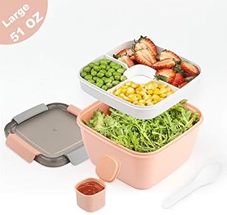 Timiuu Salad Lunch Box Container with Large 51-oz Salad Bowl | Removable 3-Compartment