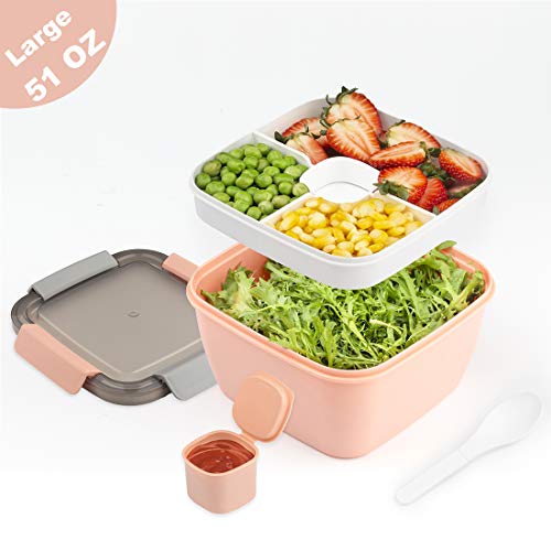 Timiuu Salad Lunch Box Container with Large 51-oz Salad Bowl | Removable 3-Compartment