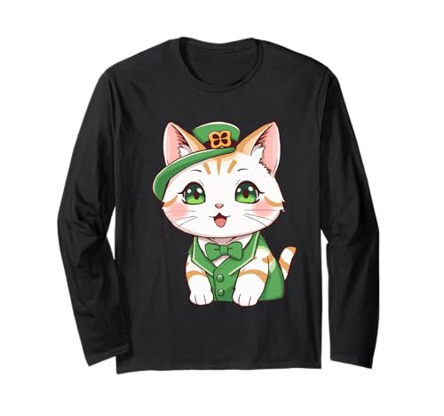 Carino Kawaii Cat St Patricks Day Pattys Day Irish Kitty Maglia a Manica
