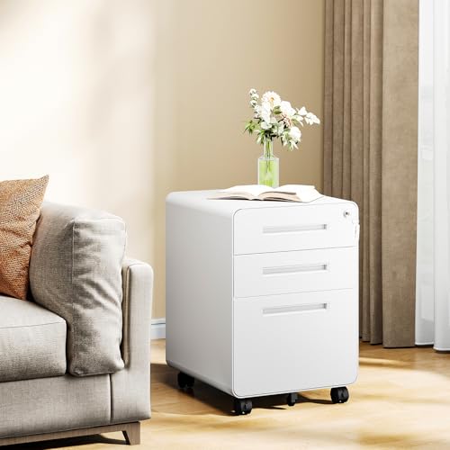 Image of MIIIKO Mobile Filing Cabinet 3 Drawer, White Small File Cabinet with Lock Under Desk, Filing Cabinets for Home Office with Wheels, A4 /Letter /Legal Hanging File Folders