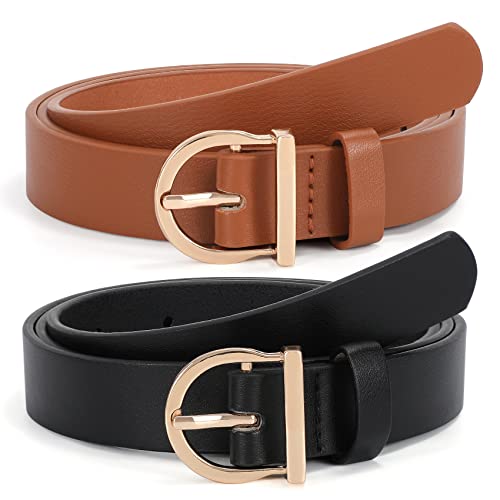 XZQTIVE 2 Pack Women's Leather Belts for Jeans Pants Dress with Fashion Gold Buckle (Black,Brown)