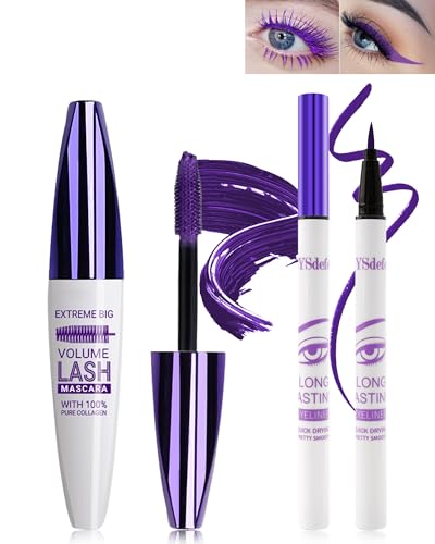 Mascara in fibra di seta 5D, viola e eyeliner liquido, impermeabile e resistente, allungamento e volumetto per ciglia, mascara per feste, trucco colorato