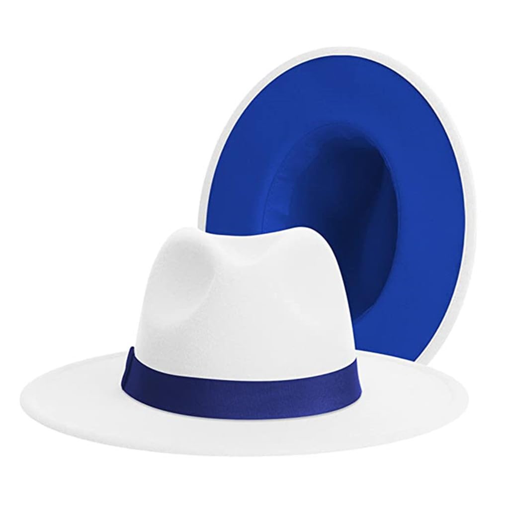 Classic Outside White Inside Blue Patchwork Wide Brim Fedora Hat Men Women Felt Fedora Hats Cowboy Jazz Hat