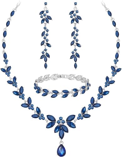 Paxuan Wedding Jewelry Sets for Bride Bridesmaid Bridal Jewelry Set for Women Wedding Crystal Necklace Earrings Bracelet Set for Party Prom Jewelry (Sapphire Blue - Silver)