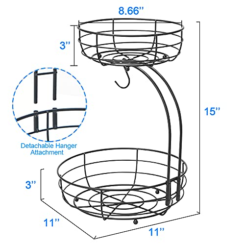 Bextsrack 2-Tier Countertop Fruit Basket Bowl With Banana Hanger, Metal Wire Vegetable Produce Storage Baskets For Kitchen, Fruits Stand Holder Organizer For Bread Snack Veggies, Black #TOP4