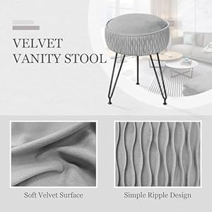 Velvet Vanity Stool Footrests, Round Ottoman Vanity Chairs with Anti-Slip Feet, Dressing Table Seat Foot Stool with Black Legs, Furry Padded Seat Side Table for Makeup Bedroom, Gray Velvet Vanity Stool Footrests Round Ottoman Vanity Chairs with Anti Slip Feet Dressing Table Seat Foot Stool with Black Legs Furry Padded Seat Side Table for Makeup Bedroom Gray