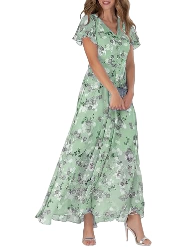 Townshine Damen V Ausschnitt Blumendruck Kleid Rüschen Kurzarm Chiffon Maxikleid Vollrock Strandkleid Stilvolles Kleid, Grün, Groß