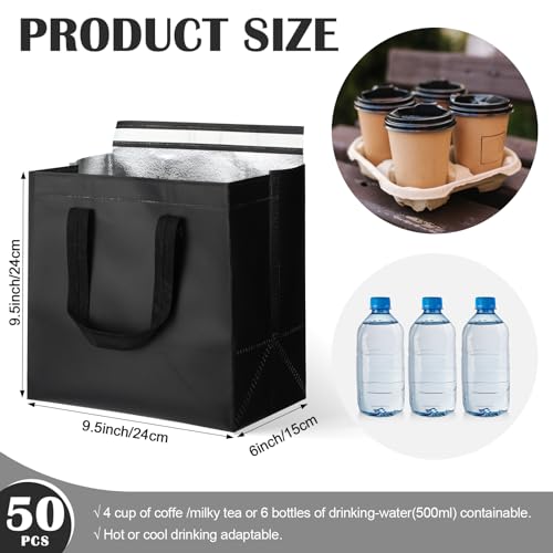 FoldTier Insulated Take Away Bags Bulk Thermal Insulation Food for Coffee Milk Tea Hot Cold Food Fresh Seafood Cooler Pizza Delivery Bags for Catering Restaurant Grocery(Classic,Black,50 Pcs)