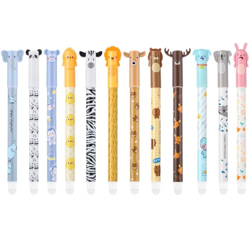 Thboxes 12 Pcs Stylos Gel Effaçables à Encre Thermosensible, Pointe 0,5 mm Stylo Effaçable Animaux avec Gomme pour Enfants Adultes Fournitures Scolaires et...