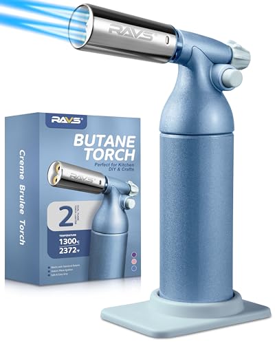 RAVS Dual Flame Butane Torch Lighter, Professional Kitchen Torch with 20G Large Capacity, Adjustable Flame, Blue Cooking Torch for Creme Brulee, BBQ, Baking, Gifts for Women (Butane Gas Not Included)